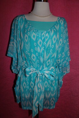 NWT $40 APT 9 Tank w/ Aqua White Print Chiffon Poncho Overlay + Tie 1X Fluid Top