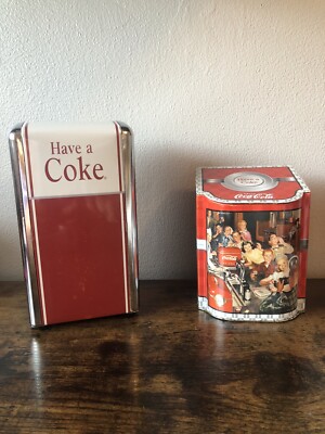 Two vintage Coca-Cola paper napkin holder I&a tin for sugar or tea￼ (B2)