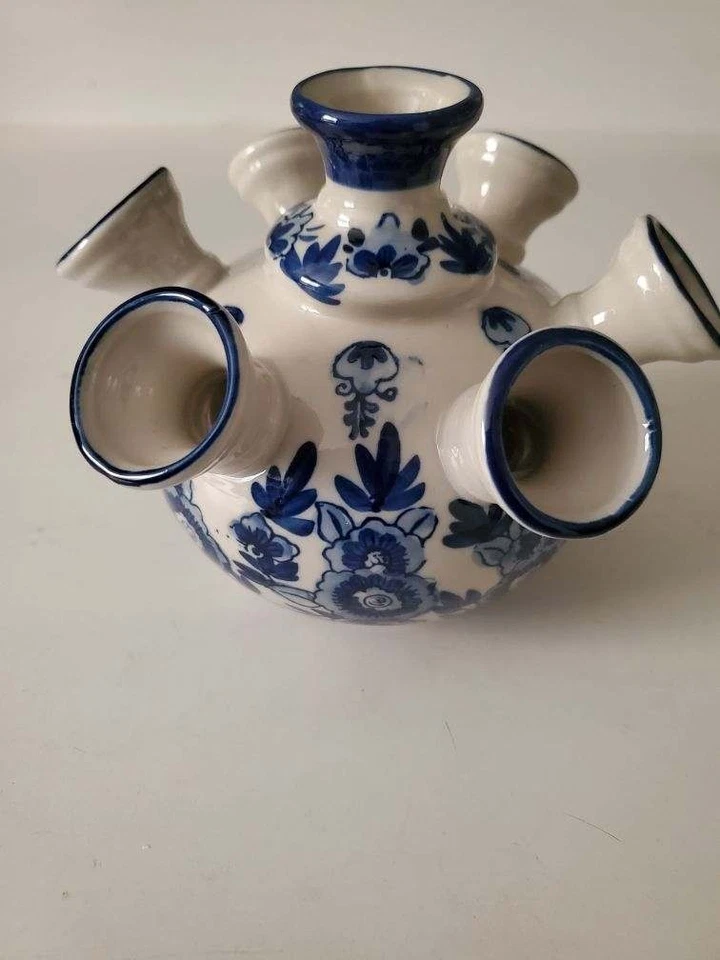  Vintage Delf Holland Blue White Ceramic 7 Arms Tulip Vase 5.4" tall   - Image 4 of 4