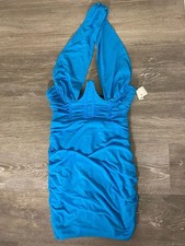 PrettyLittleThing Blue Mesh Halterneck Ruched Mini Dress Size 4