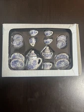 Miniature Dollhouse 1:12 Light Blue Floral Ceramic Tea Set Of 15