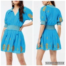 Roller Rabbit Paraiso Fiorella Smocked Pleated Dress XS Boho Embroidered Ruffles