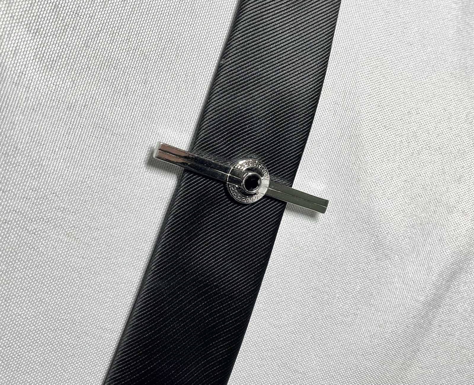 Auth Gianni Versace Greca Design & Black Stone Decor tie clip bar chrome silver thumbnail 12