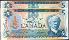 Lot Of 2 Consecutive Canada 1979 $5 Five Dollar Banknotes - Uncirculated