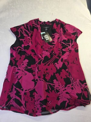 Alfani Top Womens 16 Black Pink Floral 100% Silk Surplice Neck Cottage Core NWT