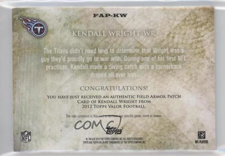 2012 Topps Valor Field Armor Speed /70 Kendall Wright #FAP-KW Rookie Patch RC - Image 2 of 2