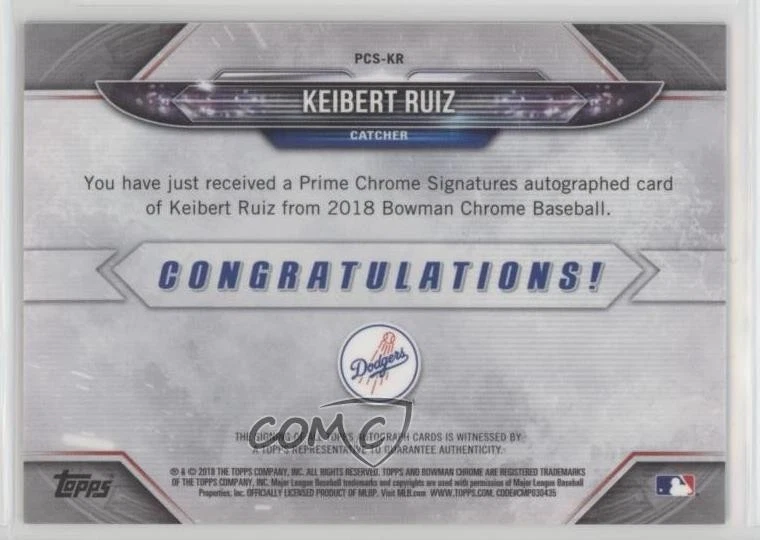 2018 Bowman Chrome Prime Chrome Signatures /50 Keibert Ruiz #PCS-KR Auto - Image 2 of 2