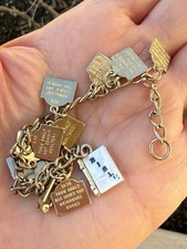 Vintage 10 Commandments Gold Plate Charm Bracelet Mother Of Pearl Bible 6"L