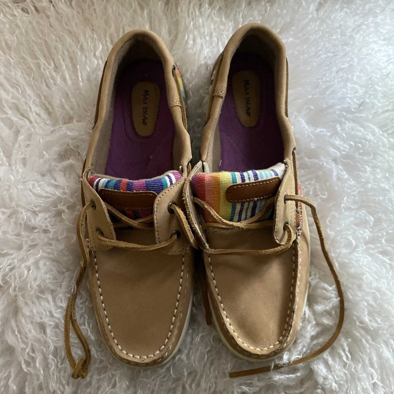 Ladies Maui Island Leather Boat Shoes Tan With Resort Bright Plaid Size 8W