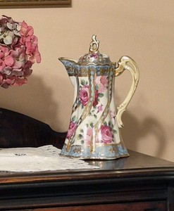 Nippon Antique hand-painted Cabbage Roses Chocolate Pot Gold Gilt  Moriage Rare