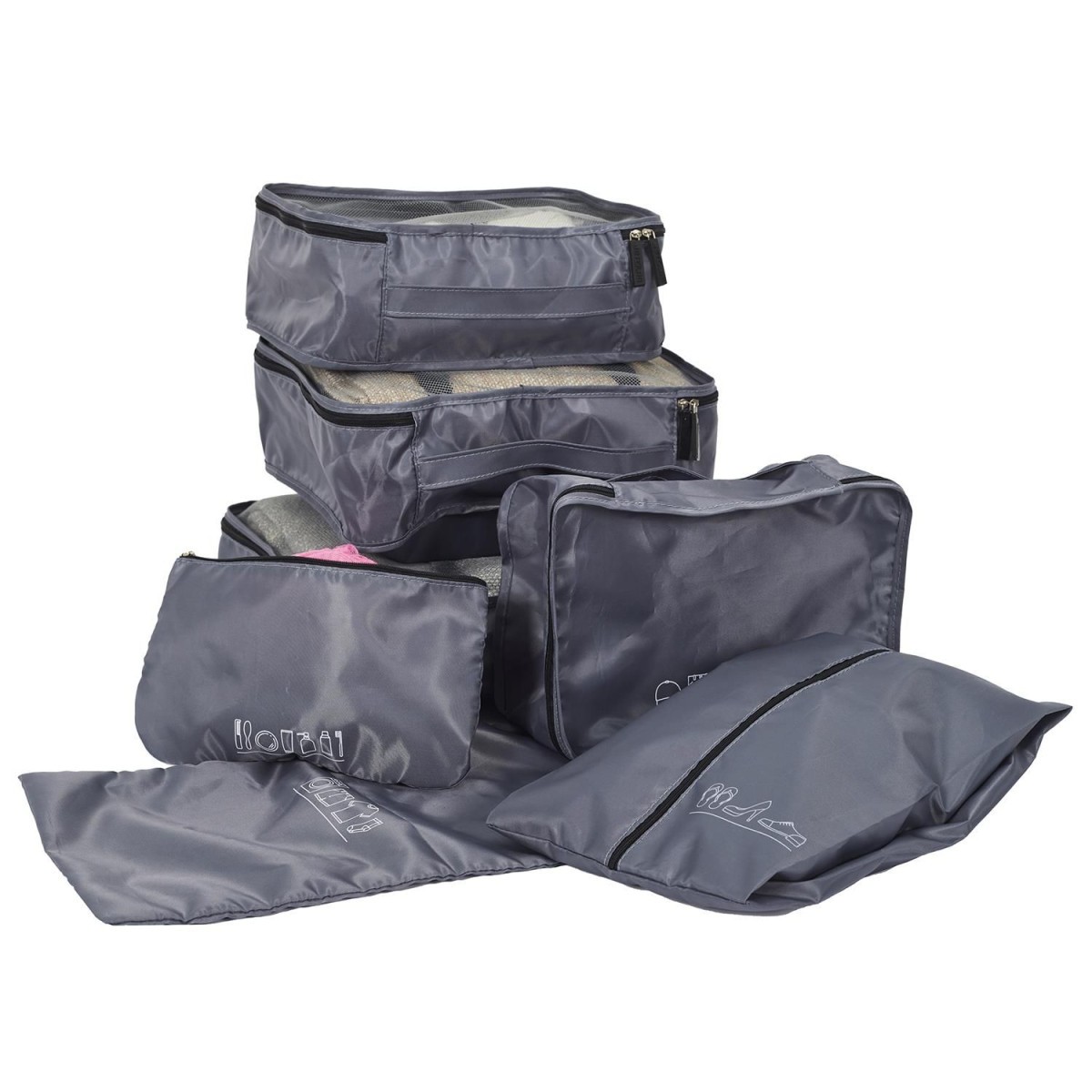 Organisateur de valise gris 40cm avec 7 elements de rangement pour voyage