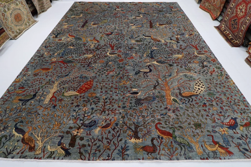 10 x 14 ft Birds Animal Gray Area Rug Afghan Hand Knotted Veg Dye Wool Rug - Image 2 of 4