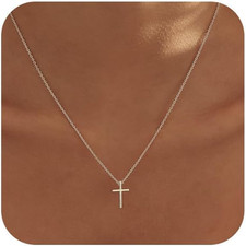 Silver-Tiny Cross Cross Necklace for Women, Dainty 14K Gold Plated Cross Pendant