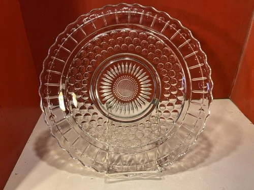 11 In.Cake Plate Federal Depression Clear Footed Sunflower Bubble Scalloped Edge