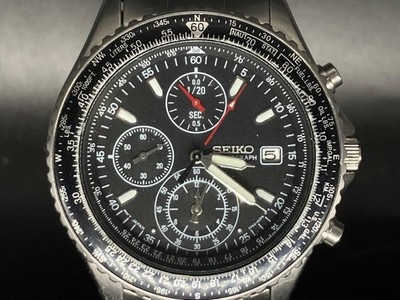 Seiko Flightmaster Pilot 7T92-0CF0 Chronograph Quarz Herrenuhr schwarzes Ziff...