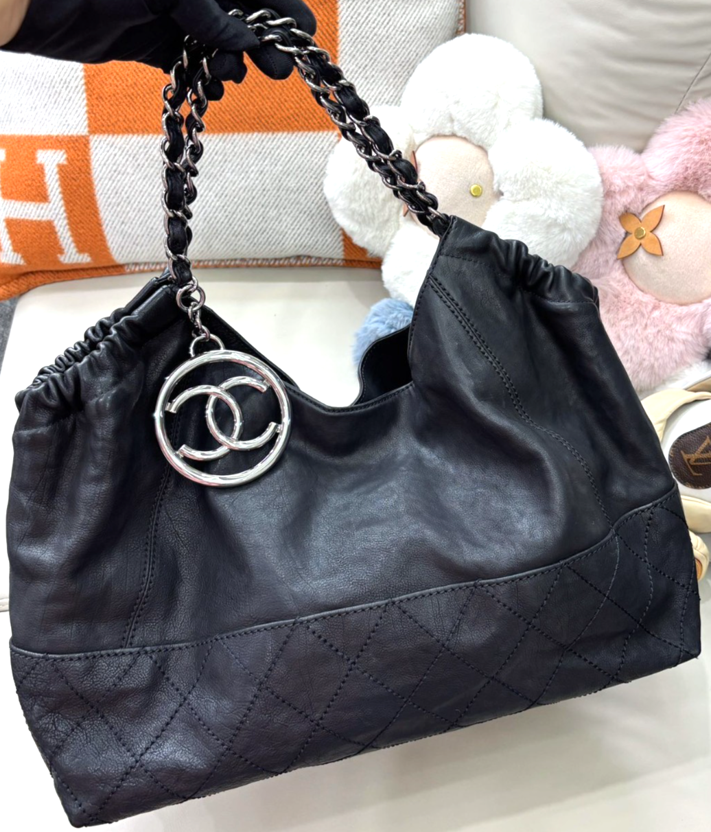 CHANEL Classic Logo Black Silver Calfskin Tote Shoulder Bag for Women
