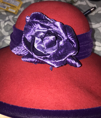 Scala Red Hat Society Red Wool Hat with Velour Bow Detail True Vintage Red 100% Wool With Purple Blue Veil and Bow  main image 4