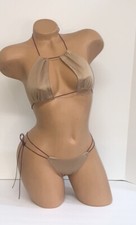 Exotic dancewear-Beige Square Top With Thong Bottom accented With Maroon Cording