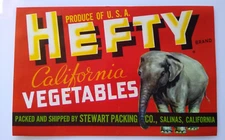 Hefty Elephant Vegtables Crate Label California Original Vintage 1950's Stewart