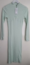 Boohoo Corset Detail Rib Midi Dress Long Sleeve Bodycon High Neck UK10 EU38 Mint
