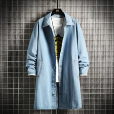 New Mens Fashion Long Denim Trench Coat Slim Fit Jeans Parkas Pockets Jackets