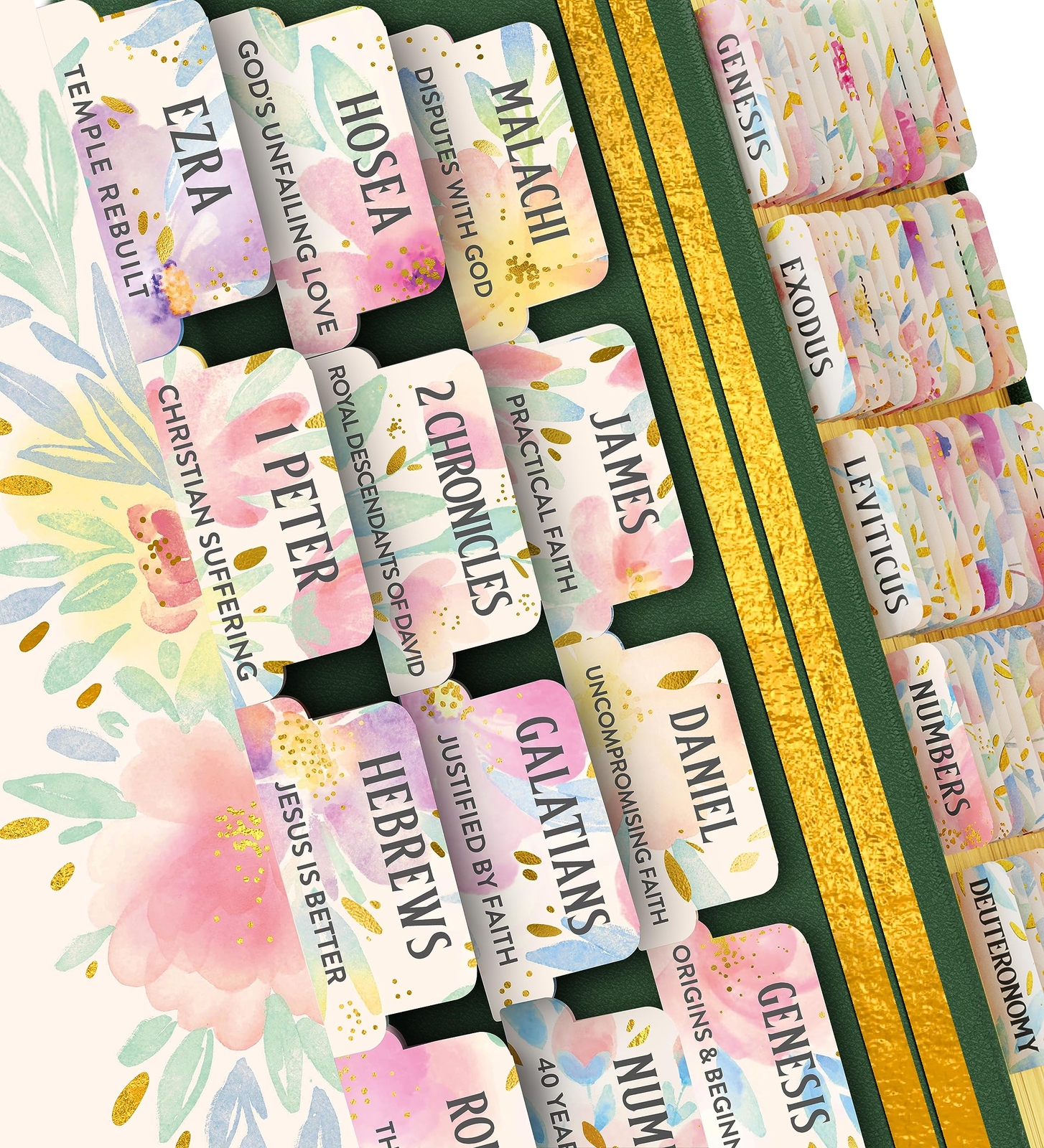 Gold Floral Bible Tabs with 66 Peel-and-Stick Labels for Easy Scripture Navigation