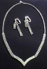 ELEGANT VINTAGE RHINESTONE JEWELRY SET NECKLACE & DANGLE EARRINGS WEDDING FORMAL