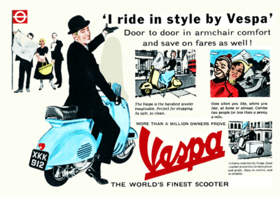Vintage Vespa Scooter Advertisement Poster 1950s London Bowler Retro City Kitsch
