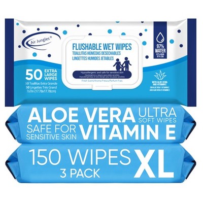 Flushable Wet Wipes 3 Packs, 150 Wipes, Fresh Scent, 7'' x 7'' Large Size