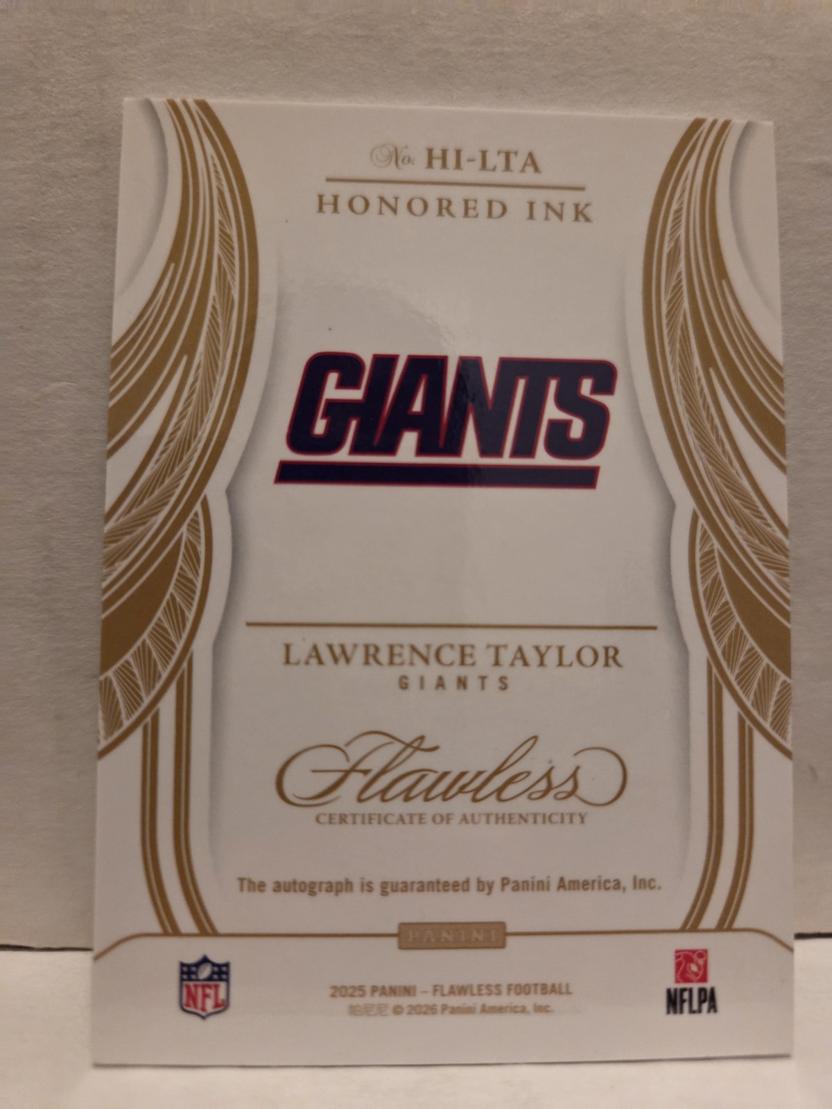 Lawrence Taylor 2025 Panini Flawless Gold Foil Honored Ink On-Card Auto 25/25 view 2