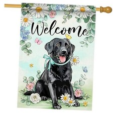 Welcome Spring Black Labrador Dog Decorative House Flag, Pet Daisy Flower 
