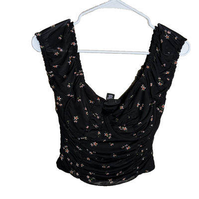 Just Polly Top Women's Large Black Floral Ruched Sleeveless Boho