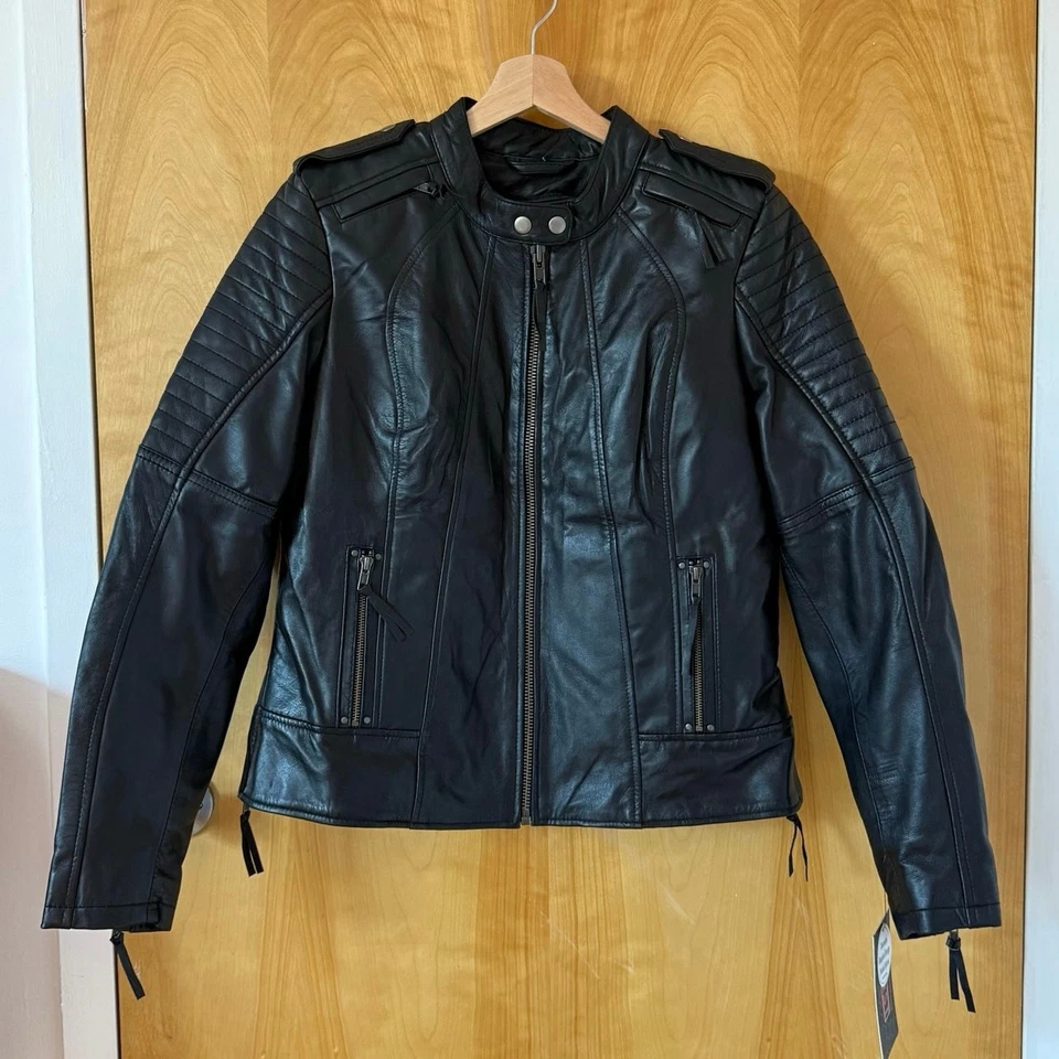 nwt First Mfg Co Biker Women’s Black Leather Motorcycle Jacket in L Large - Image 4 of 4