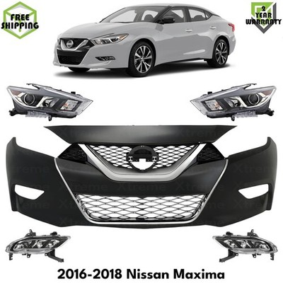 Front Bumper Cover Primed Plastic & Headlights Kit For 2016-2018 Nissan Maxima