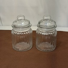 2 Small Ribbed Clear Glass Jars With Airtight Lids Apothecary Storage Canisters