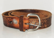Men's 70's Vintage ARTISAN CRAFTED Cedar Tan  Brown Stamped Leather Belt 42"