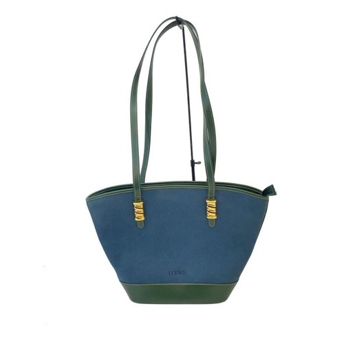 LOEWE Navy Leather Handbag Green Strap Gold Hardware Auth