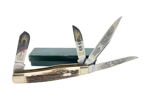 Fight'n Rooster Display 4 Blade Whittler Knife Genuine Stag Handles 1989 1 of 10