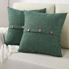 Emerald Green Linen Decorative Throw Pillow Covers 18x18 Inch Set of 2,...
