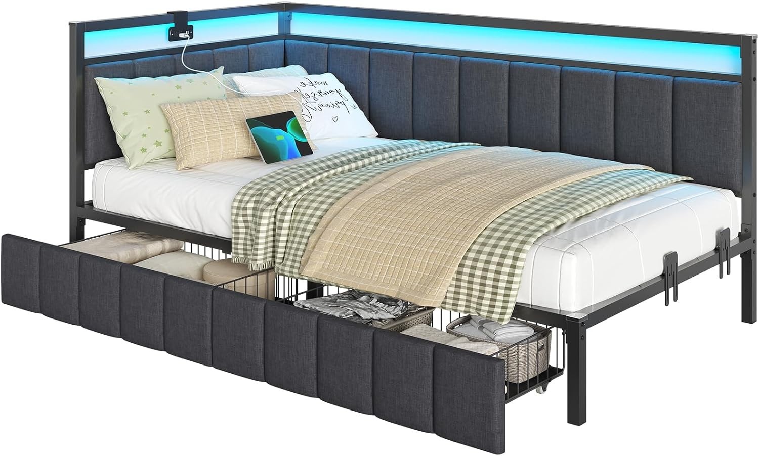 Twin Size Daybed Corner Bed Frame with Led Lights,Charging Station,2 Drawers
