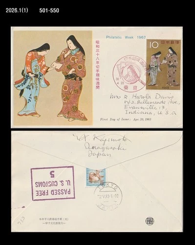 Art,Painting,Folkways,Costume,Philatelic Week,Japan 1963 FDC,Cover to US