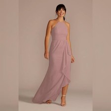 David's Bridal High Neck Chiffon Dress with Cascade in Quartz Pink Size 18