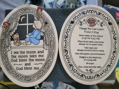 Pair of Trinity Pottery Oval Plaques ''God Bless Me & Learn From a Dog'' VTG USA