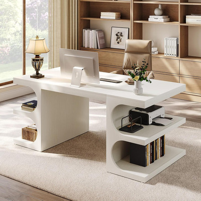 White Executive Office Desk, 63'' Computer Desk with Storage Shelves, Modern Wood