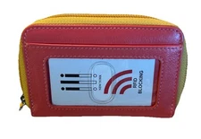 ILI Genuine Leather 2 Tone Zip Around Pouch In Coral/Sunshine With RFID