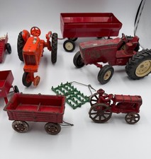 Vintage Red Cast Iron Tractor Trailer Harrow Farm Equipment plus other tractors