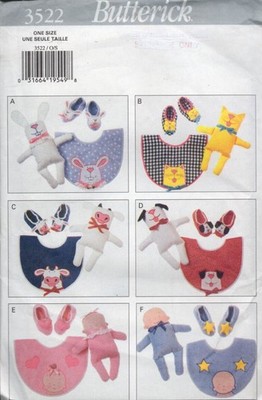 3522 BUTTERICK BIBS, DOLLS & SLIPPERS FOR BABY