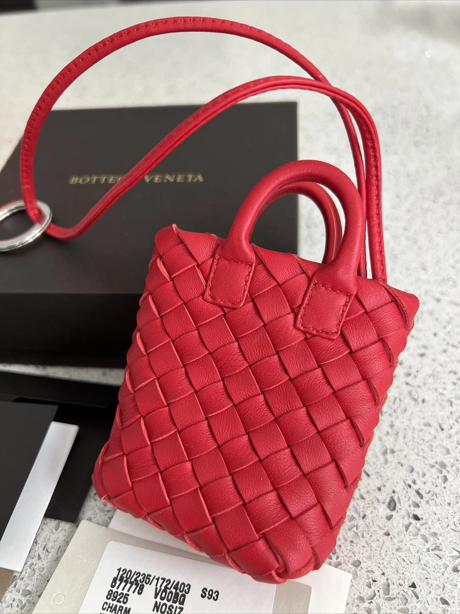 New With Tag AUTHENTIC Bottega Veneta Micro Tote Bag Charm Intrecciato Red