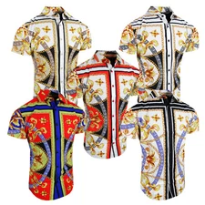 Mens Short Sleeve Shirt Colorful Italian Floral Paisley Stretch Slim Fit Button