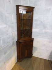 YEWWOOD VENEER ASTRAL GLAZED FLOOR CORNER DISPLAY CABINET. GLASS SHELVES.